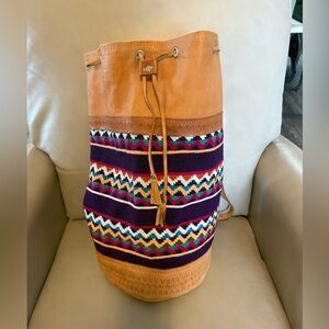 LEATHER woven bag drawstring Aztec tapestry